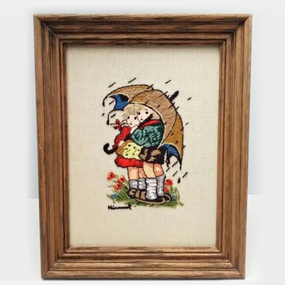 Vintage Framed HUMMEL Stormy Weather Crewel Embroidered Children Rain Umbrella - Picture 1 of 7